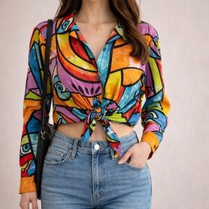 Live & Truth Abstract Art Print Tie Front Crop Blouse Size M